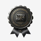 A round black and dark gray seal badge with ribbon tails, featuring embossed text that reads 'DISCREET SHIPPING', 'PRIVATE CONTENTS', '100% HIDDEN', and 'SECURELY PACKAGED' on a light beige background.