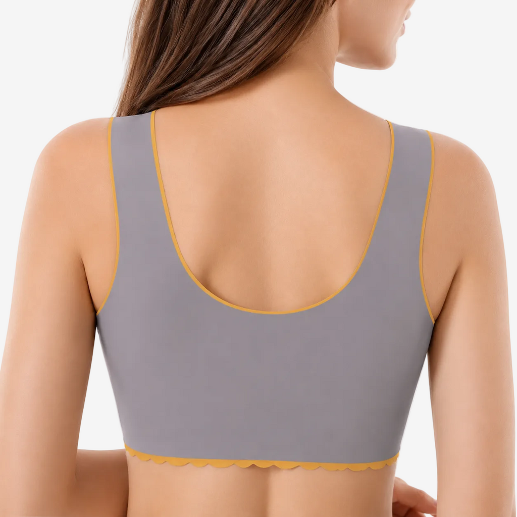 Wireless Gather Push Up Bra – front view on model showing push up lift and scalloped neckline