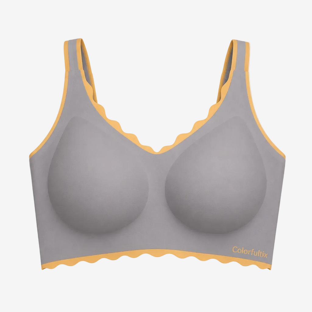Wireless Gather Push Up Bra in grey with golden scalloped trim – flat lay studio view