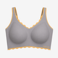 Wireless Gather Push Up Bra in grey with golden scalloped trim – flat lay studio view