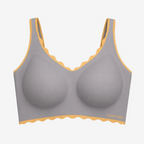 Wireless Gather Push Up Bra in grey with golden scalloped trim – flat lay studio view