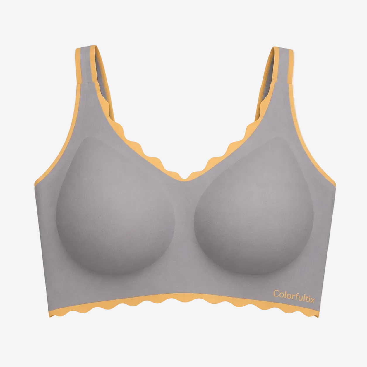 Wireless Gather Push Up Bra in grey with golden scalloped trim – flat lay studio view